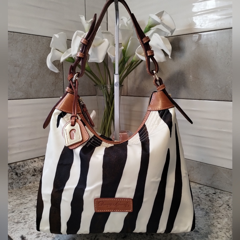 Dooney & Bourke Black and Cream Striped Nylon Hobo Bag